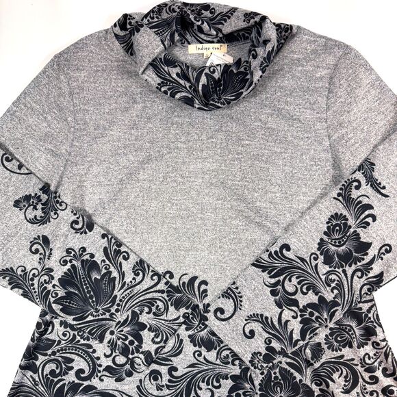 NWT Indigo Soul Floral Scroll Print Cowl Neck Grey Tunic Womens L Stretch Hi-Lo - Picture 3 of 16